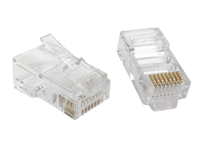 A close-up view of two universal Cat5e RJ45 plugs, one showing the top and the other showing the 50µm gold contacts on the underside.