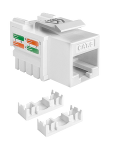 A side view of the Cat6 keystone jack, showing the RJ45 socket and the two termination block covers.