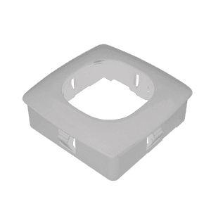 A side profile view of the white workstation bezel adaptor, showing the circular socket design.