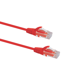 Profile view of the snagless boot on a 0.25m Red Datamaster slim Cat6 patch cable, highlighting its ultra-thin design.