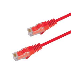 Underside view of the RJ45 connector on a 1m Red slim Cat6 cable, showing the flexible, protected locking tab.

