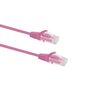 Profile view of the snagless boot on a 2m Pink Datamaster slim Cat6 patch cable, highlighting its ultra-thin design.
