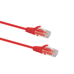 Profile view of the snagless boot on a 2m Red Datamaster slim Cat6 patch cable, highlighting its ultra-thin design.