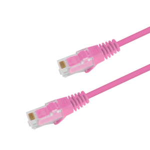 Underside view of the RJ45 connector on a 3m Pink slim Cat6 cable, showing the flexible, protected locking tab.
