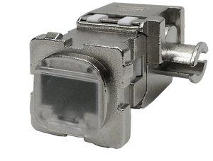 A front view of the closed tool-less Cat6a keystone jack.