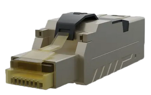 A front view of the robust, shielded tool-less Cat6a RJ45 field termination plug.