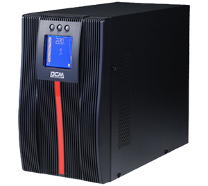 Front view of the Macan 1500VA Tower UPS, showing its modern design and easy-to-read LCD display.