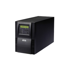 Front view of the Vanguard II VGS-1500 On-Line Tower UPS, showing its professional black finish and front panel LCD screen.