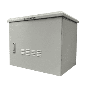 Side profile of the grey, weatherproof 6RU outdoor IP55 cabinet.