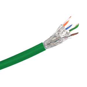 A side view close-up showing the premium construction of the Cat6a S/FTP cable, with its overall braid, foil-wrapped pairs, and green LSZH jacket.