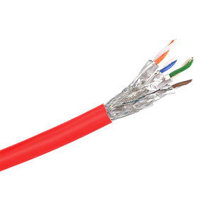 A side view close-up showing the premium construction of the Cat6a S/FTP cable, with its overall braid, foil-wrapped pairs, and red LSZH jacket.