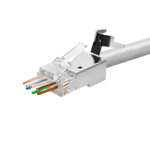 Cat6a RJ45 pass-through connector with cable inserted, showing exposed coloured wires