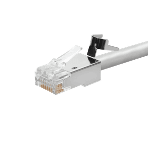 Cat6a RJ45 pass-through connector, close-up on white patch cable