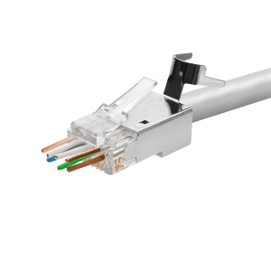 An image showing the Quick-Term Cat6a plug with a cable's wires passing through the load bar for easy verification.