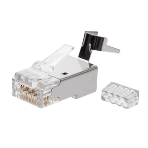 A view of the 2-piece set, showing the main RJ45 plug body and a separate cable guide load bar.