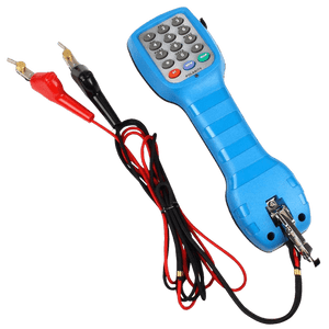 A side profile of the blue lineman's test phone with its connection cords.