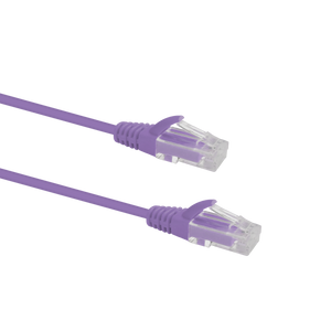 Profile view of the snagless boot on a 1.5m Purple Datamaster slim Cat6 patch cable, highlighting its ultra-thin design.
