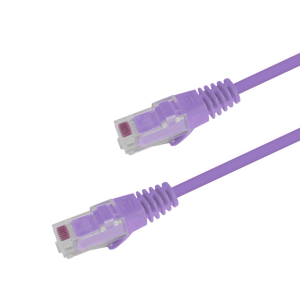 Underside view of the RJ45 connector on a 5m Purple slim Cat6 cable, showing the flexible, protected locking tab.