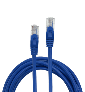 Top-down view of a coiled 3m blue Datamaster Cat6 patch cable with both RJ45 connectors visible.