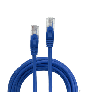 Top-down view of a coiled 5m blue Datamaster Cat6 patch cable with both RJ45 connectors visible.