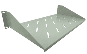 Side profile of the grey Datamaster 2RU 250mm deep outdoor cantilever shelf, showing its weatherproof construction.

