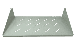 Angled top-down view of the Datamaster 2RU outdoor cantilever shelf, highlighting its weatherproof finish and ventilation pattern.
