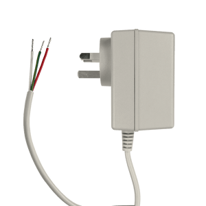Top side view of the 18V AC power adaptor looking left with tinned cables visible.