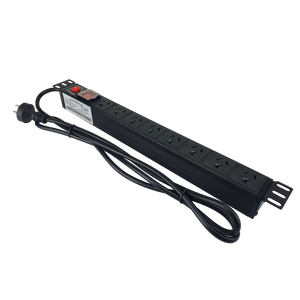 A black, 19-inch rack-mountable 8-way PDU power board with standard Australian 10A outlets for server racks.