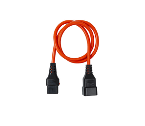 Top view of the complete orange locking IEC C19 to C20 power cord
