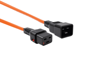 Side angle view of the secure locking C19 connector in orange