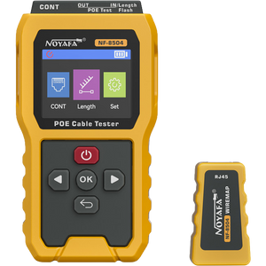 Front view of the PoE++ Network Tester and Auditor displaying the wiremap interface and rechargeable battery component.