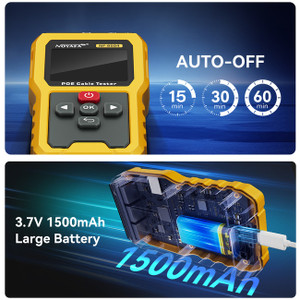 Network Auditor features including a customisable auto-off timer and high-capacity rechargeable battery with USB-C charging.