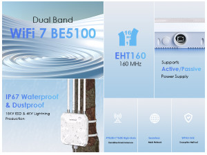 BE5100 WiFi 7 Outdoor AP IP67 waterproof, 4KV lightning protection, EHT160MHz, active and passive PoE