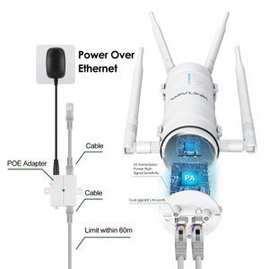 AC1200 outdoor access point passive PoE installation diagram showing 60 metre cable limit, POE adapter connection, and internal PA and LNA amplifier layout with dual gigabit LAN ports