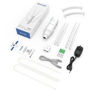 Full box contents of the AC1200 WiFi 5 outdoor access point including unit, four antennas, PoE converter, ethernet cable, power adapter, mounting brackets, screws and cable ties