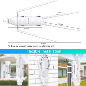 AC1200 outdoor access point dimensions diagram showing 215mm body length and 470mm total width with antennas, plus wall, fence and pole mounting options
