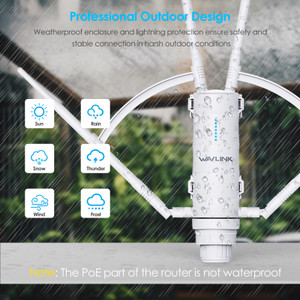 AC1200 outdoor access point shown in rain with weatherproof design icons for sun, rain, snow, thunder, wind and frost with note that PoE adapter is not waterproof