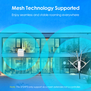 AC1200 outdoor access point operating as mesh extender alongside indoor mesh controller showing seamless roaming coverage across a property