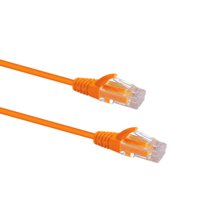 Profile view of the snagless boot on a 1.5m Orange Datamaster slim Cat6 patch cable, highlighting its ultra-thin design.