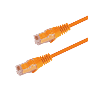 Underside view of the RJ45 connector on a 5m Orange slim Cat6 cable, showing the flexible, protected locking tab.