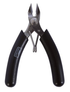 Front view of the HT1972 showing compact 90mm side cutting nippers with black soft-grip ergonomic handles and stainless steel blade