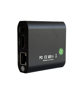 Side angle view of the transmitter unit showing the EDID switch, HDMI loop out port and Cat5e/6 cable port.