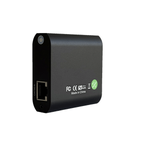 Side angle view of the receiver unit showing the Cat5e/6 cable port and certification markings.