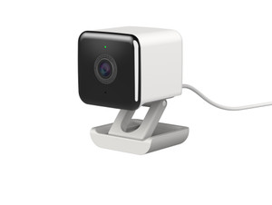 Front angle view of a white indoor and outdoor Wi-Fi security camera on its mounting base