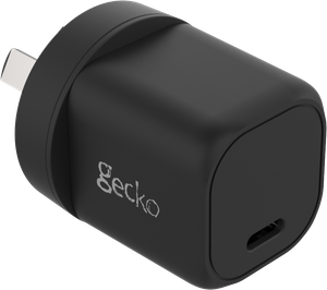 Left angle view of the black 20W GaN single USB-C wall charger, showing the USB-C charging port.