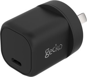 Right angle view of the black 20W GaN single USB-C wall charger, showing the USB-C charging port.