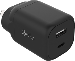 Left side view of the black 30W GaN dual USB-C and USB-A wall charger.