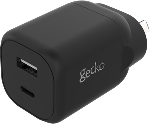 Right side view of the black 30W GaN dual USB-C and USB-A wall charger.