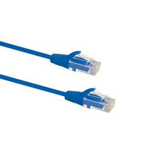 Profile view of the snagless boot on a 1m Blue Datamaster slim Cat6 patch cable, highlighting its ultra-thin design.
