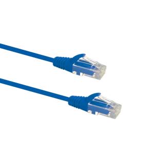 Profile view of the snagless boot on a 2m Blue Datamaster slim Cat6 patch cable, highlighting its ultra-thin design.